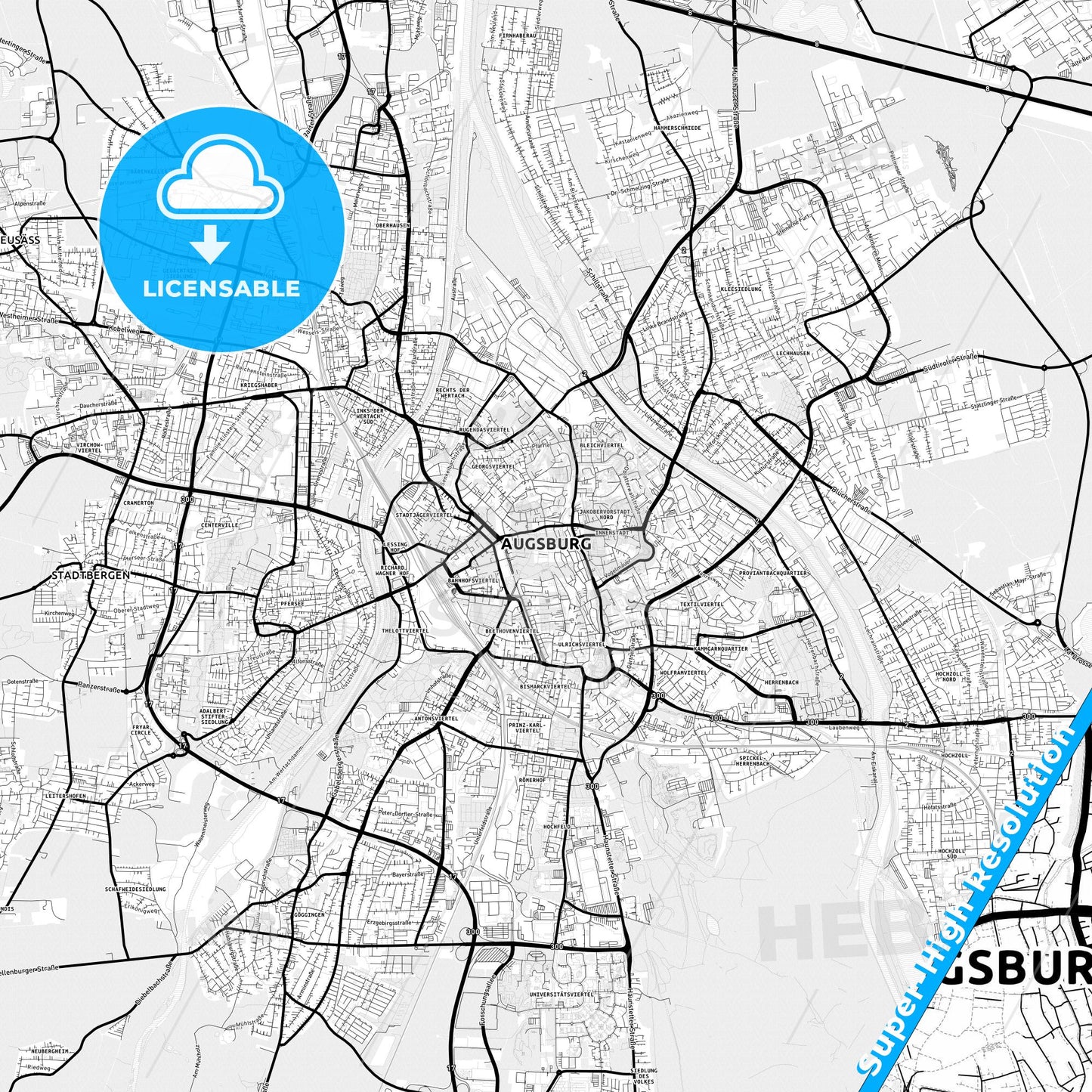 Augsburg, Germany Light Map with Street Names, City Names, and Districts
