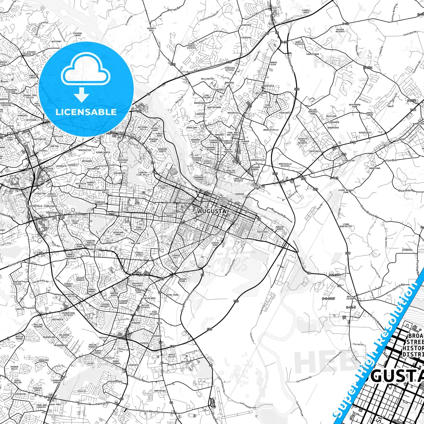 Augusta, Georgia light map with streetnames, citynames and districts