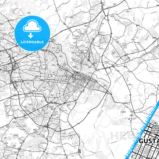 Augusta, Georgia light map with streetnames, citynames and districts