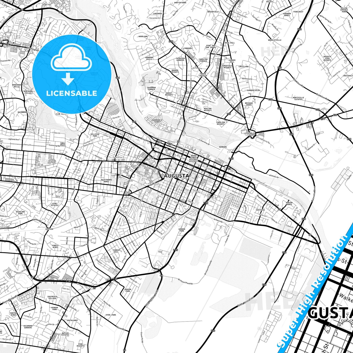 Augusta, Georgia Light Map with Street Names, City Names, and Districts