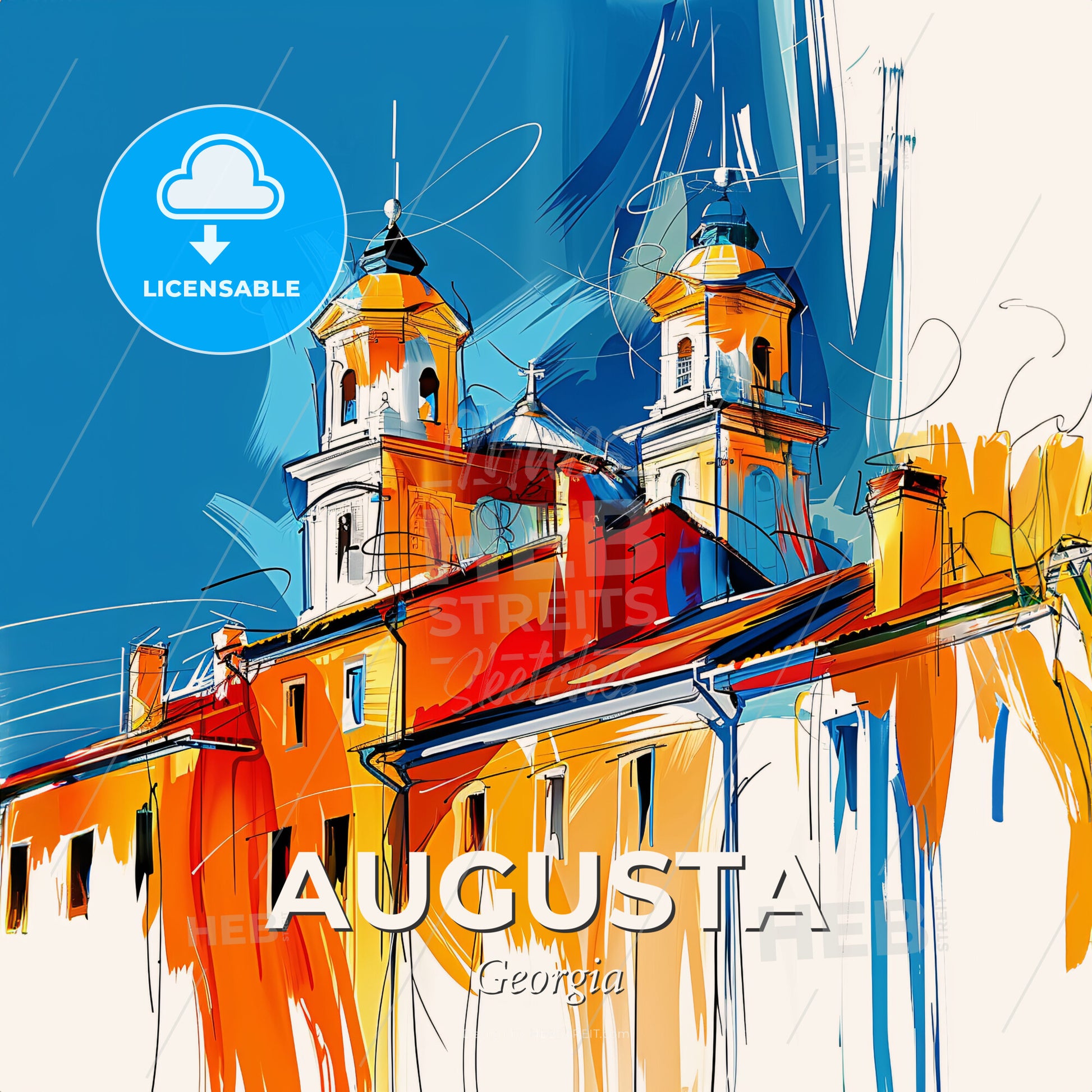 Vibrant Augusta, Georgia - A Painting Of A Building With A Colorful Roof - Square format print template