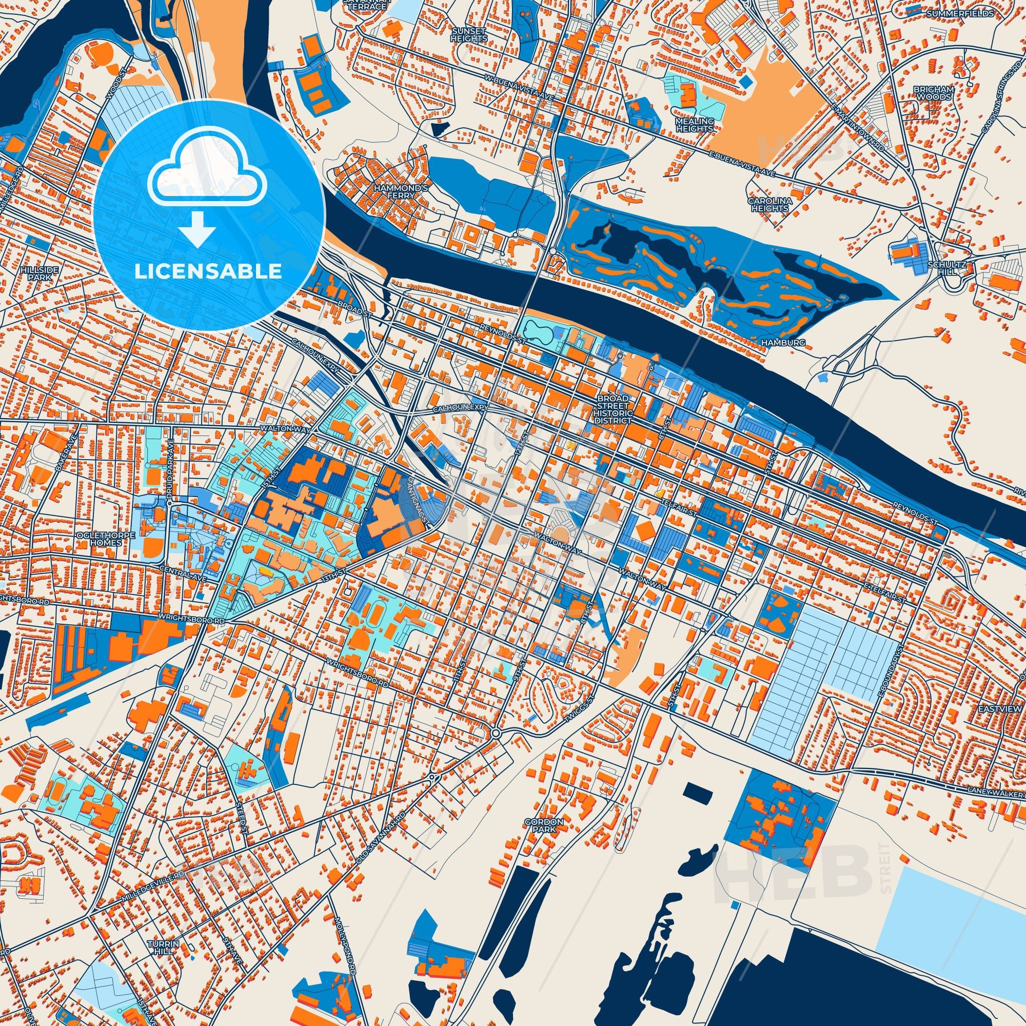 Colorful Augusta Street Map With Labels And Buildings – HEBSTREITS