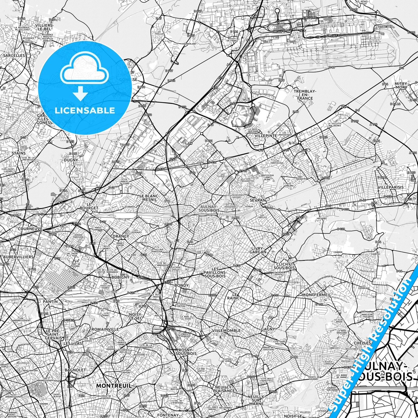 Aulnay-sous-Bois, France light map with streetnames, citynames and districts