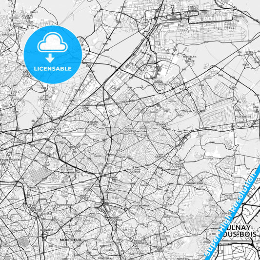Aulnay-sous-Bois, France light map with streetnames, citynames and districts