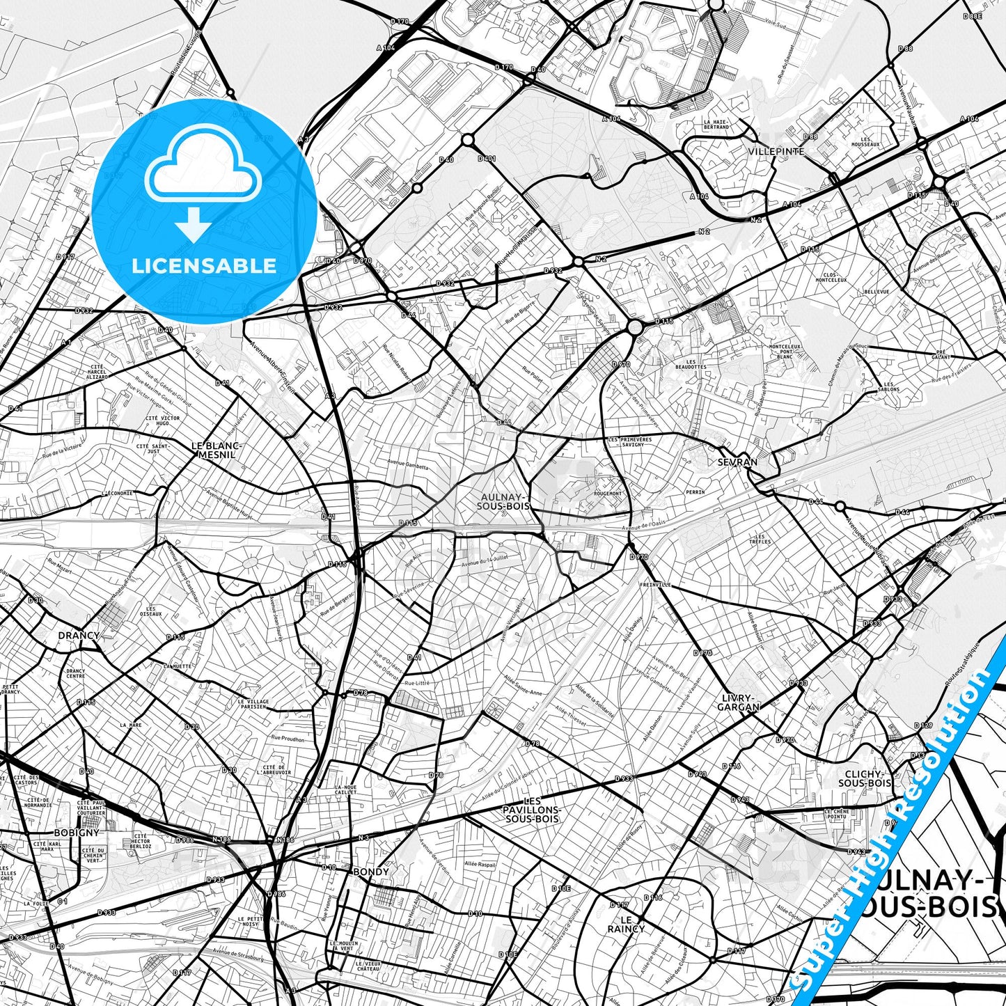 Aulnay-sous-Bois, France Light Map with Street Names, City Names, and Districts