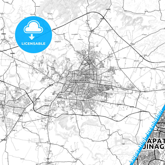Aurangabad, India light map with streetnames, citynames and districts