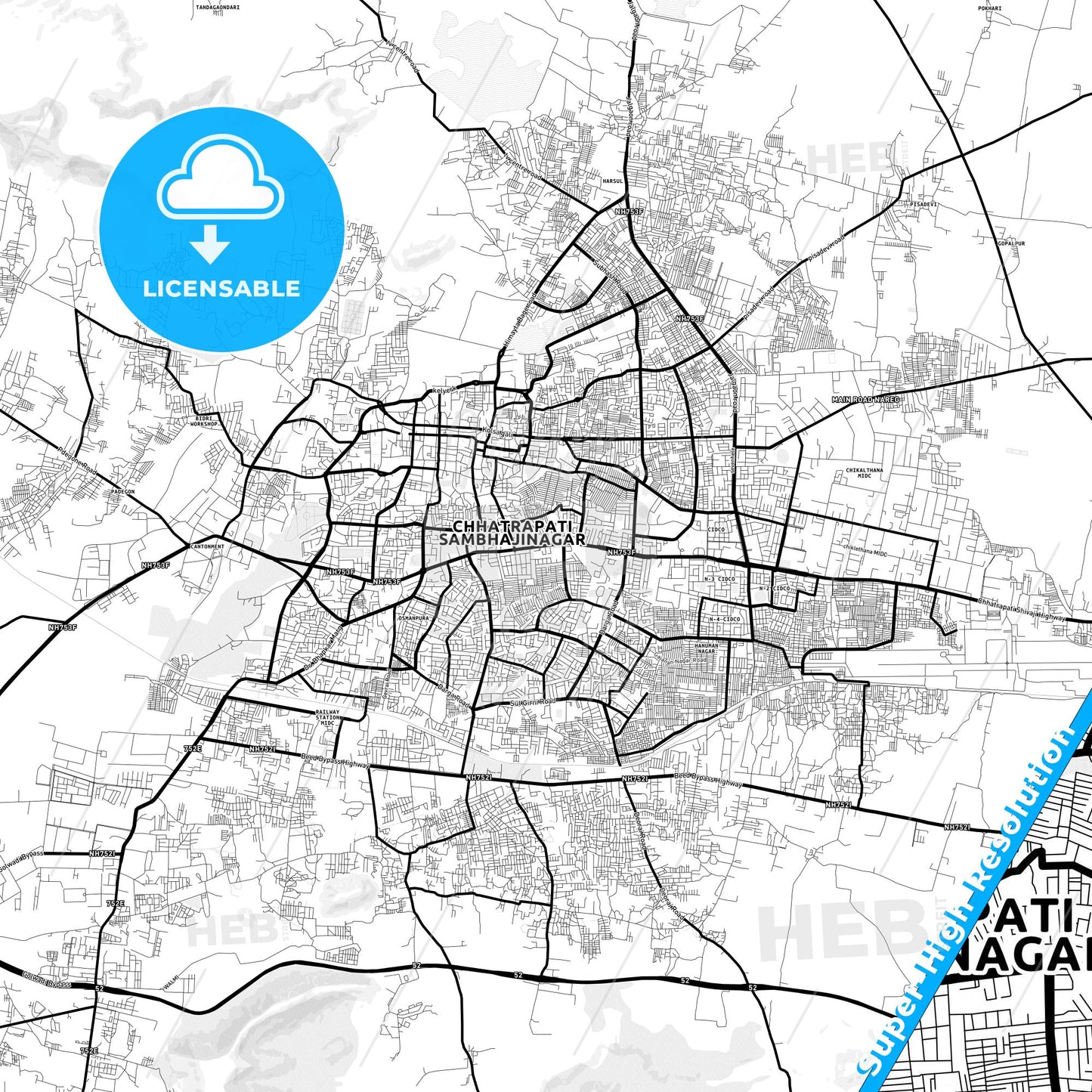 Aurangabad, India Light Map with Street Names, City Names, and Districts