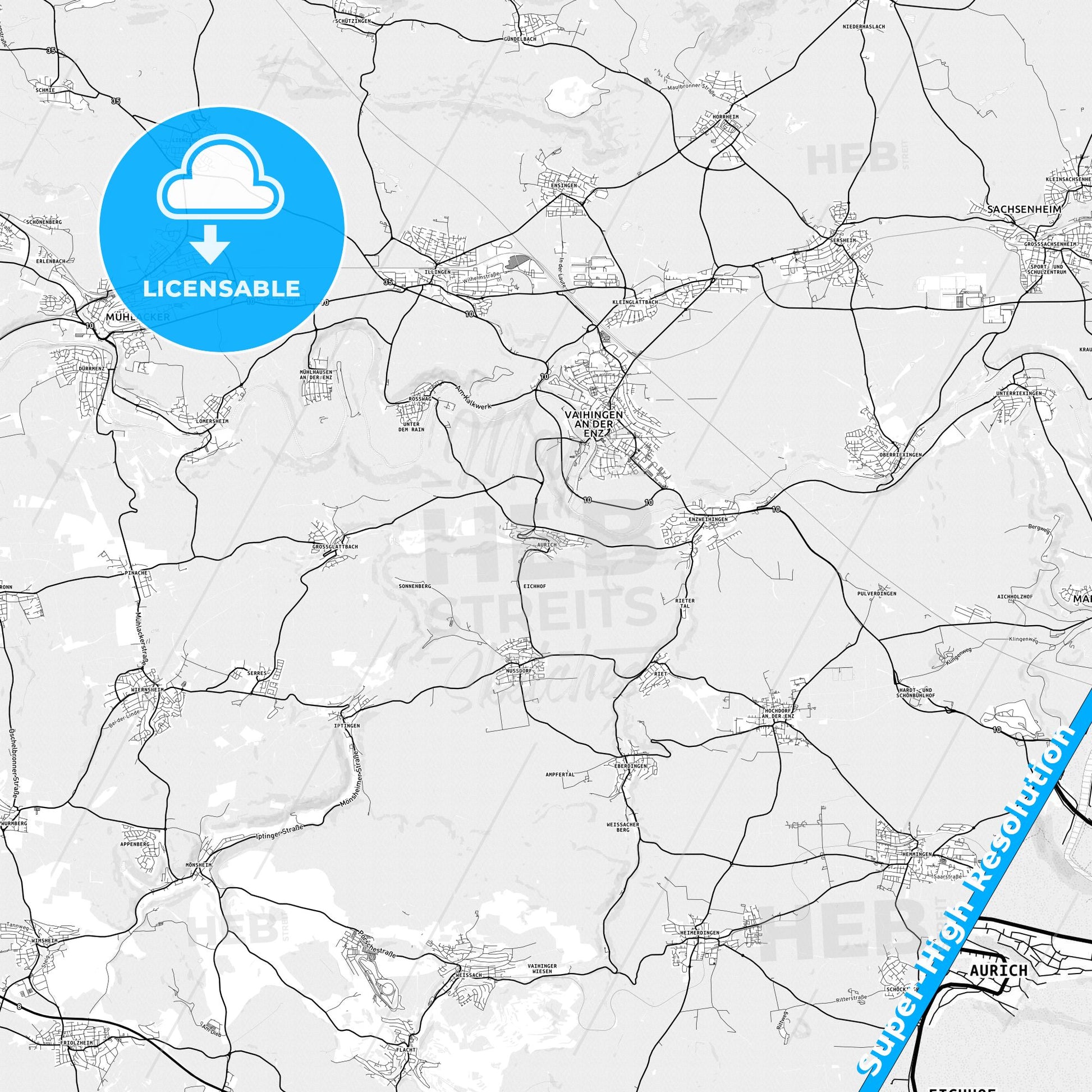 Aurich, Germany light map with streetnames, citynames and districts