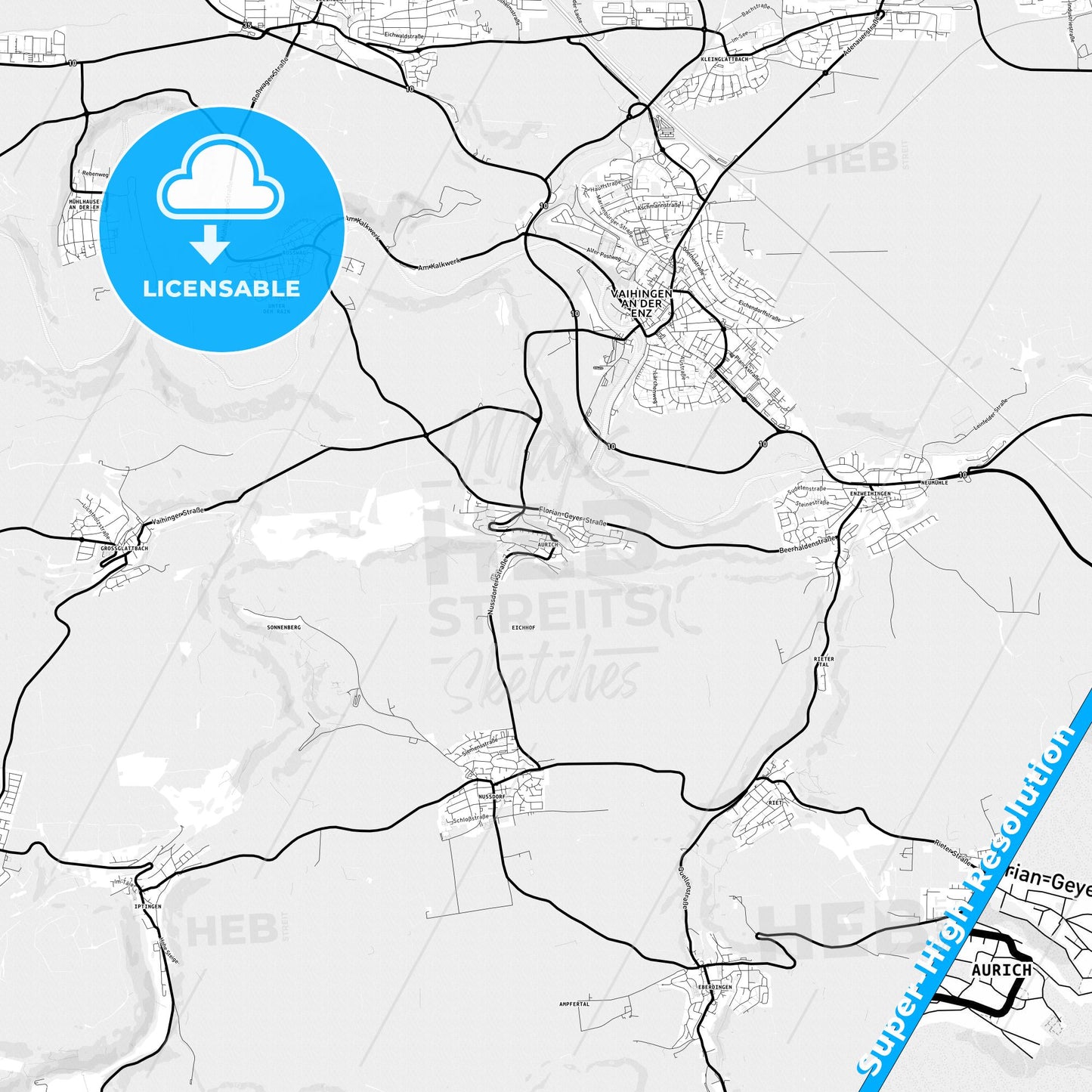 Aurich, Germany Light Map with Street Names, City Names, and Districts
