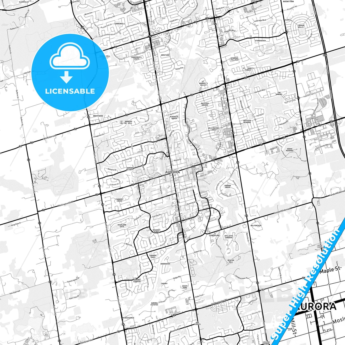 Aurora, Canada Light Map with Street Names, City Names, and Districts
