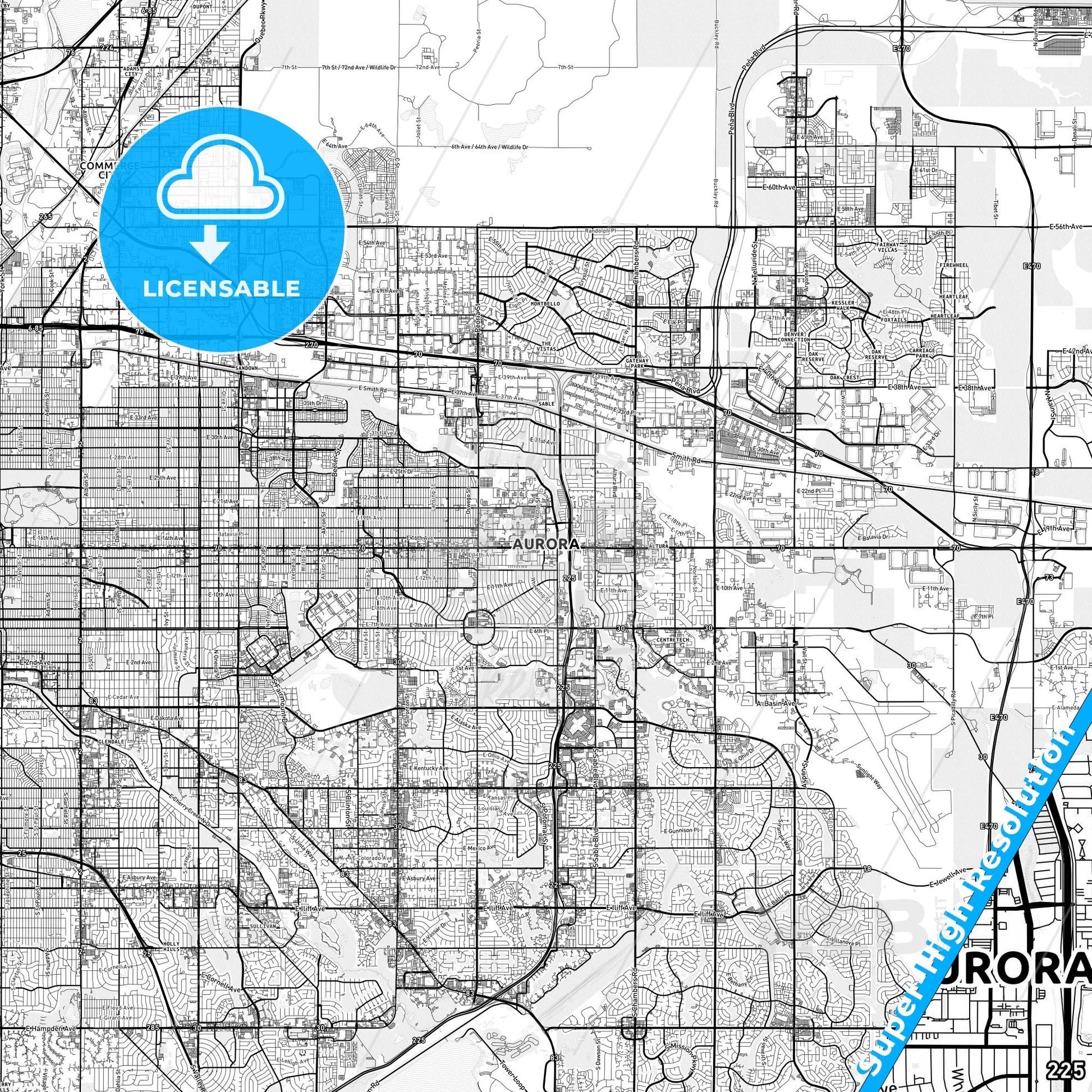 Aurora, Colorado light map with streetnames, citynames and districts