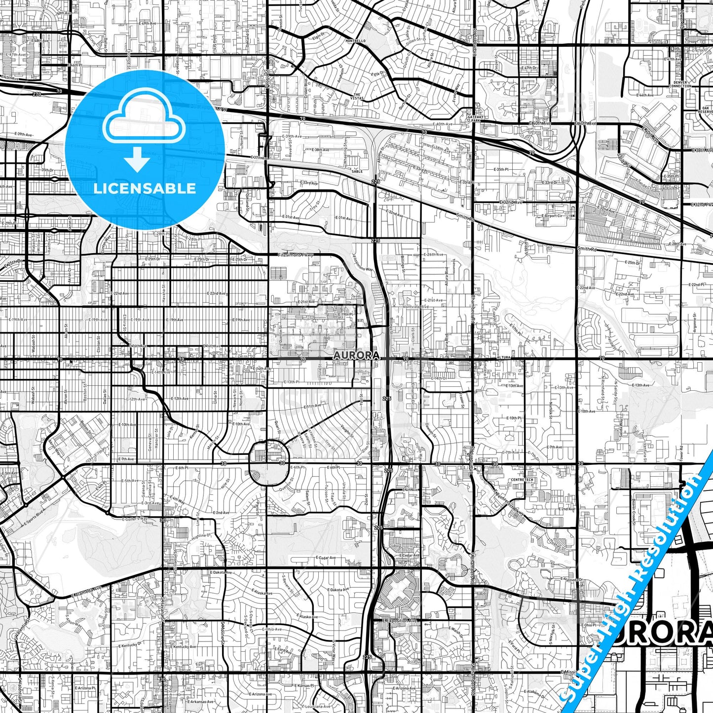 Aurora, Colorado Light Map with Street Names, City Names, and Districts