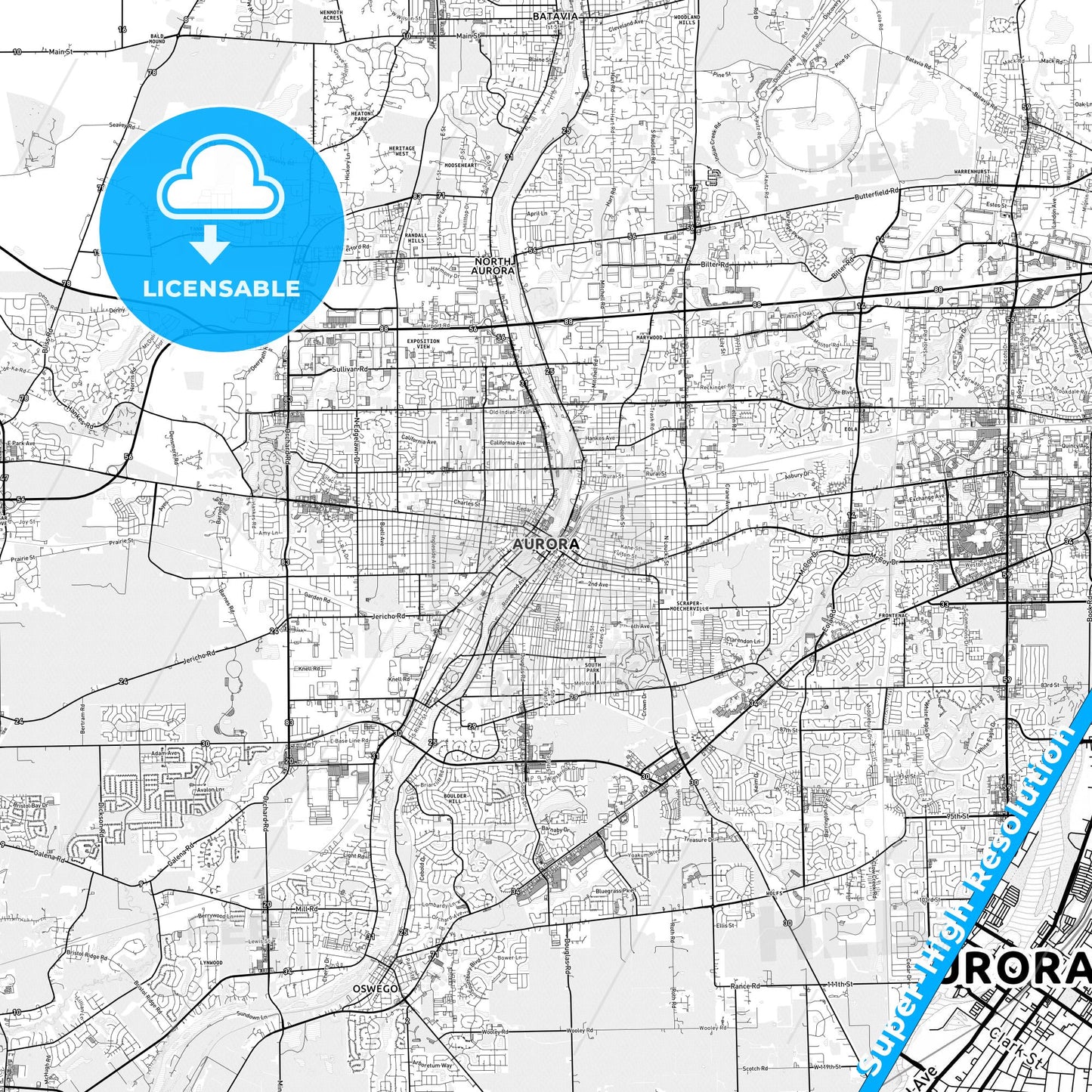 Aurora, Illinois light map with streetnames, citynames and districts