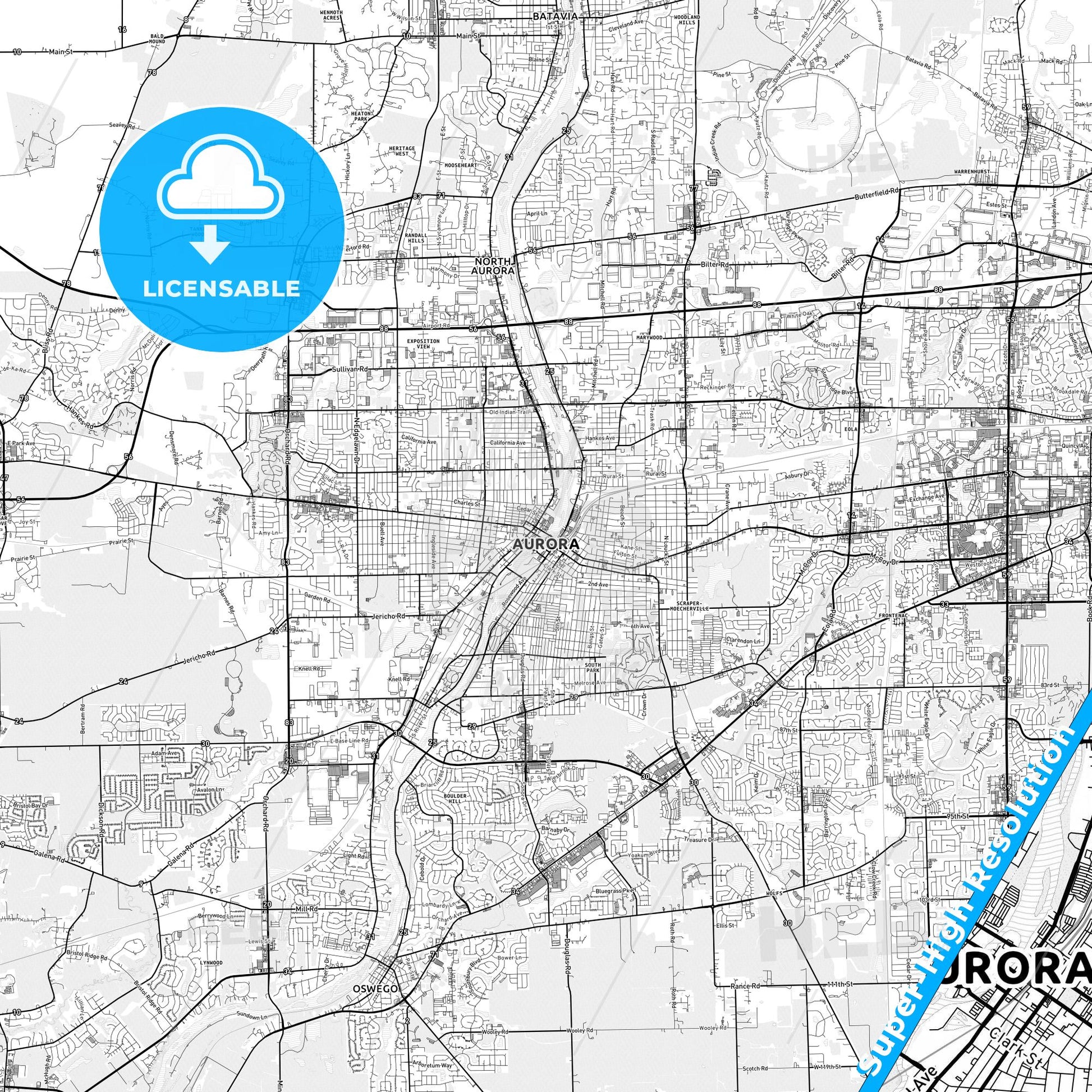 Aurora, Illinois light map with streetnames, citynames and districts
