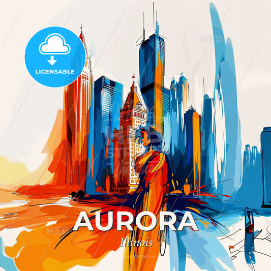 Vibrant Aurora, Illinois - A Woman In A Dress In Front Of A City - Square format print template