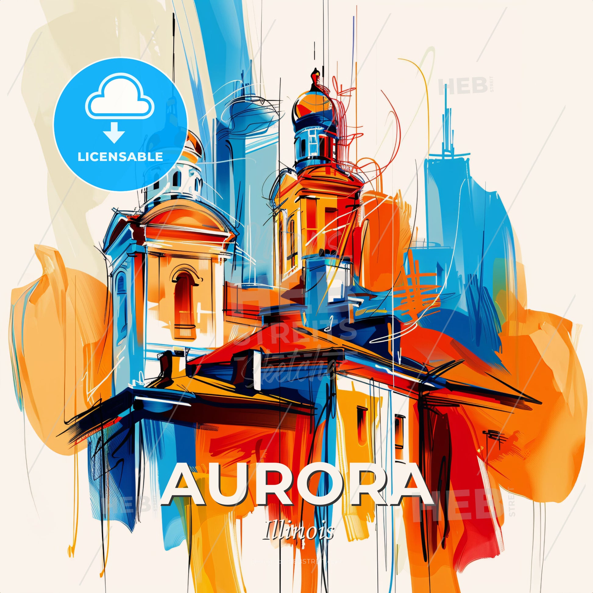 Vibrant Aurora, Illinois - A Painting Of A Building With Towers - Square format print template