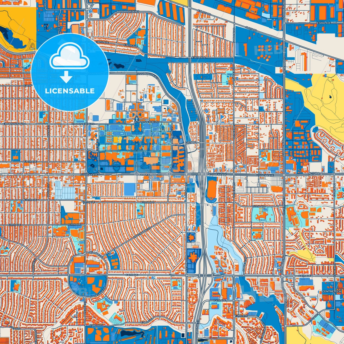 Colorful Aurora Street Map with Labels and Buildings