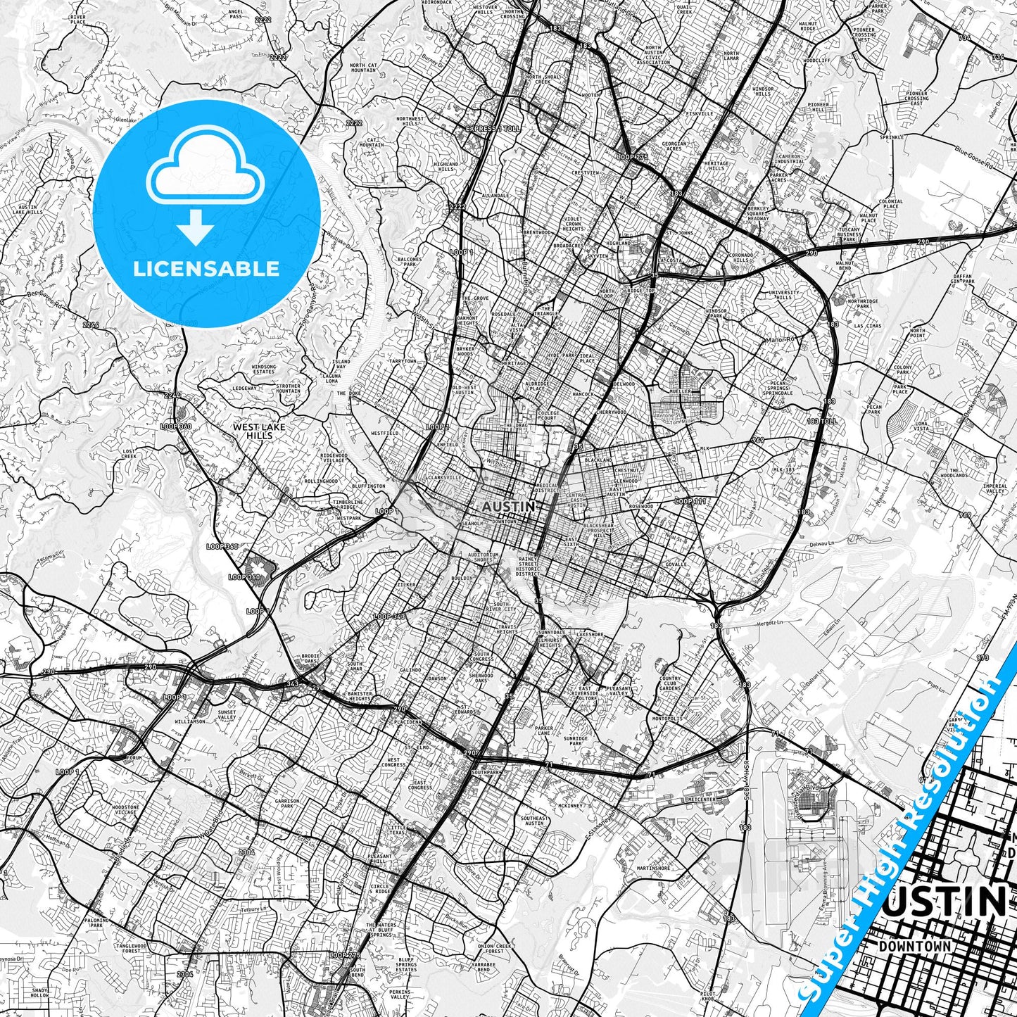 Austin, Texas light map with streetnames, citynames and districts