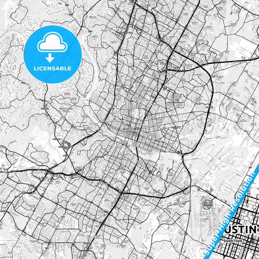 Austin, Texas light map with streetnames, citynames and districts