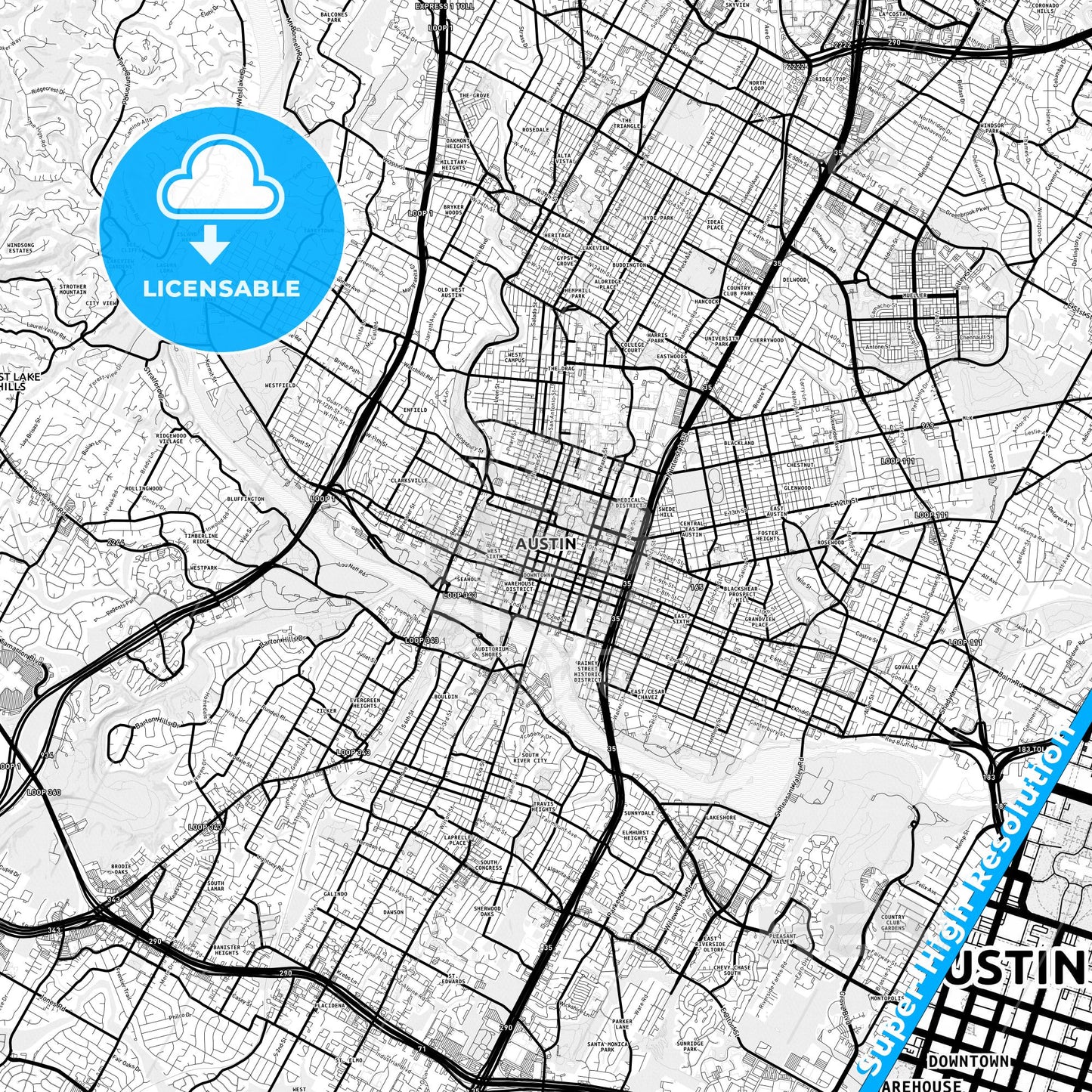 Austin, Texas Light Map with Street Names, City Names, and Districts