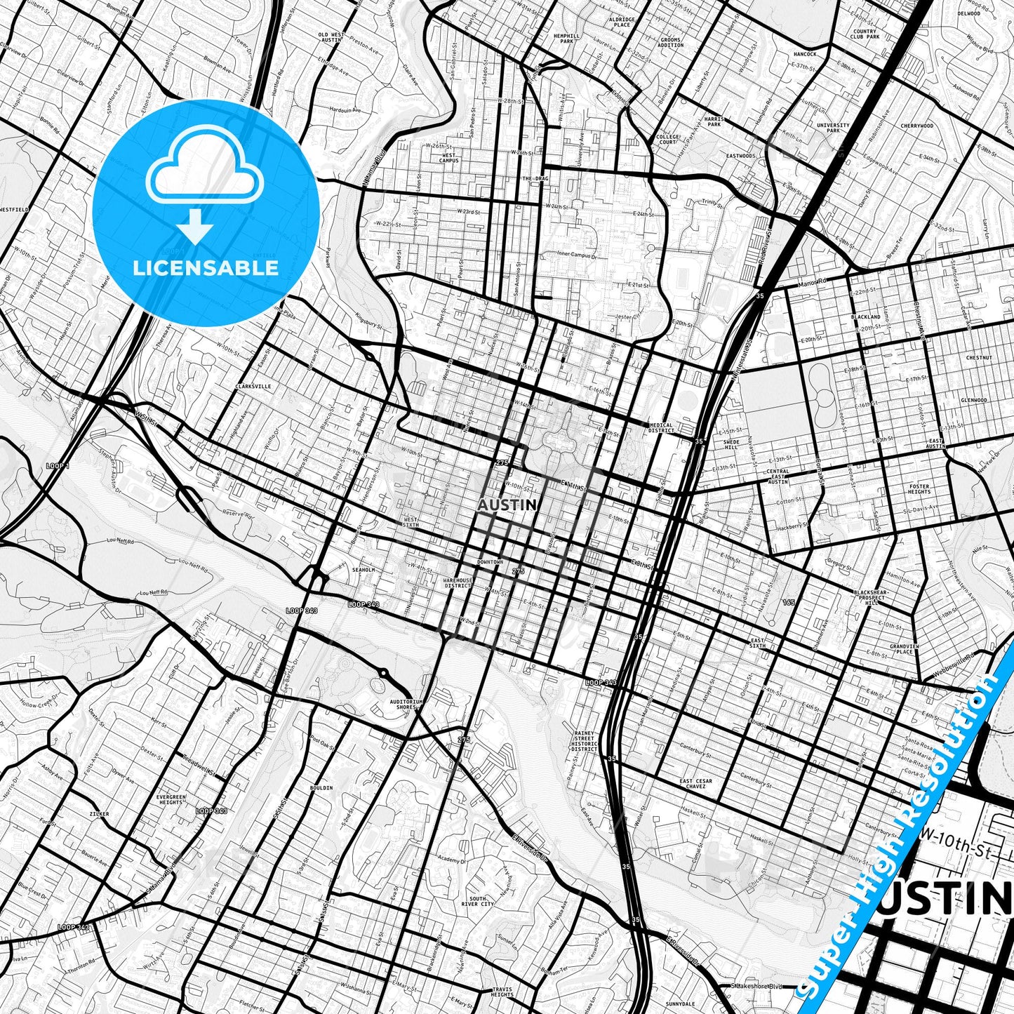 Austin, Texas Light Map with Street Names, City Names, and Districts