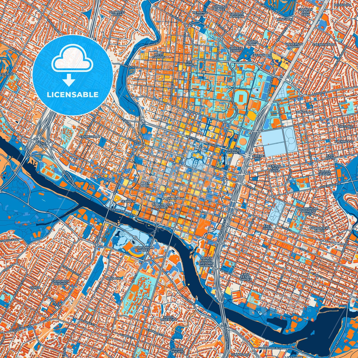Colorful Austin Street Map with Labels and Buildings