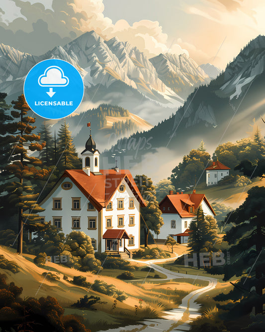 vibrant painting of a village with trees and mountains in Austria, Europe