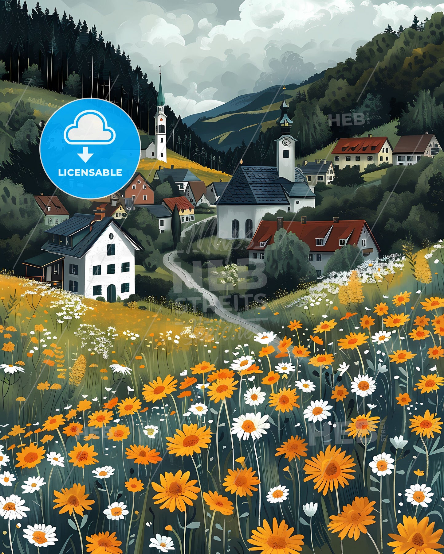 Picturesque Village Artwork Austria Europe Flowers Painting Art