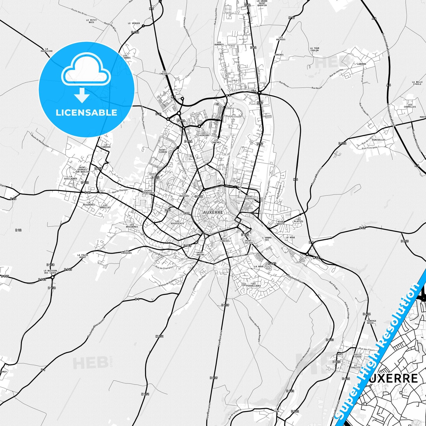 Auxerre, France Light Map with Street Names, City Names, and Districts