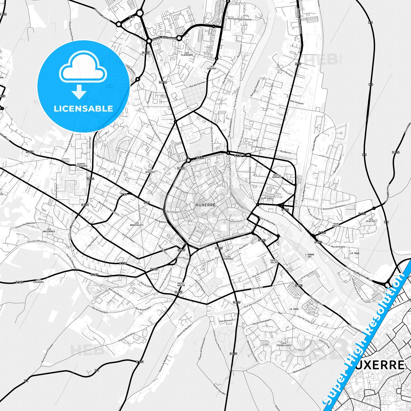 Auxerre, France Light Map with Street Names, City Names, and Districts