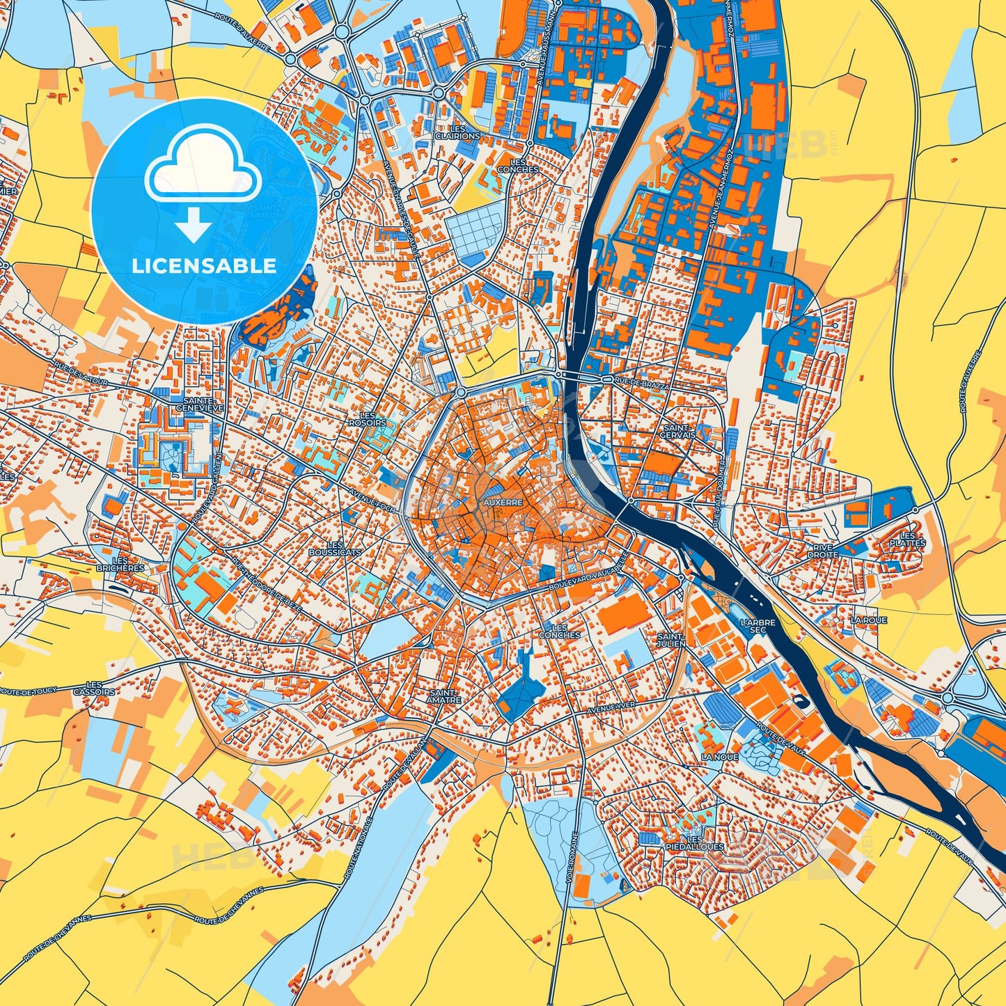 Colorful Auxerre Street Map with Labels and Buildings