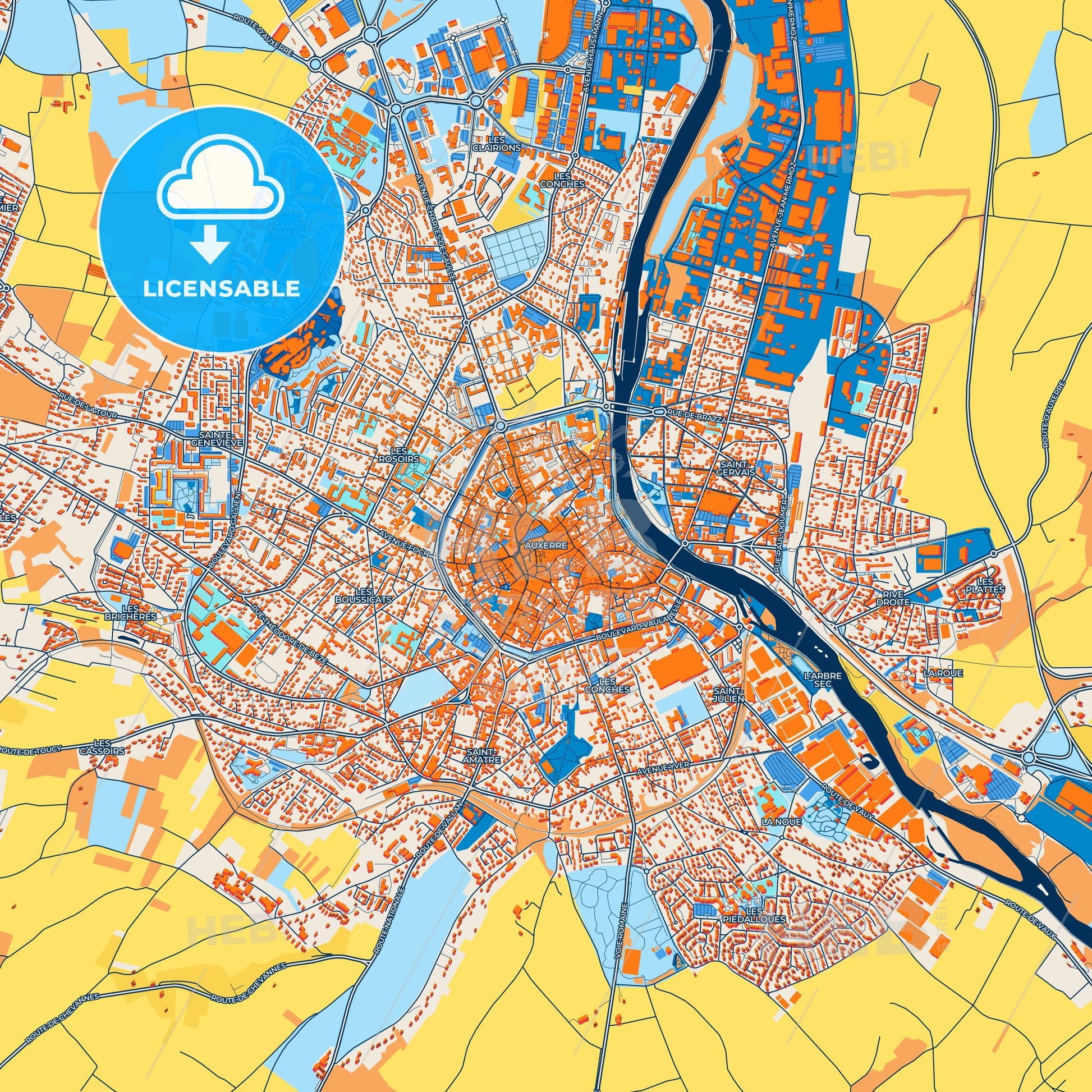 Colorful Auxerre Street Map with Labels and Buildings