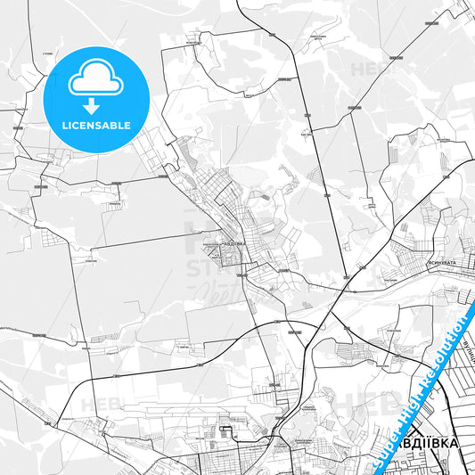 Avdiivka, Ukraine light map with streetnames, citynames and districts