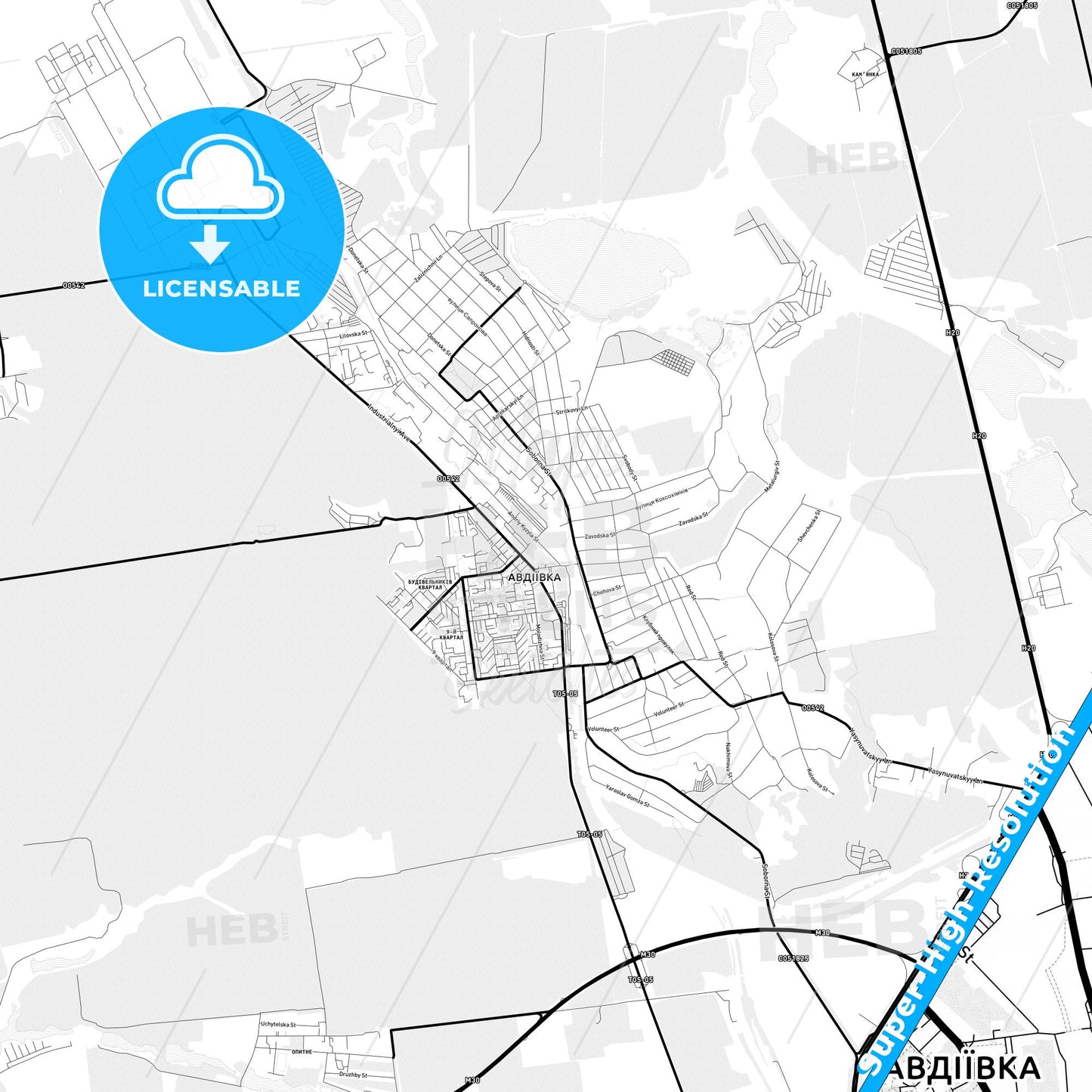 Avdiivka, Ukraine Light Map with Street Names, City Names, and Districts