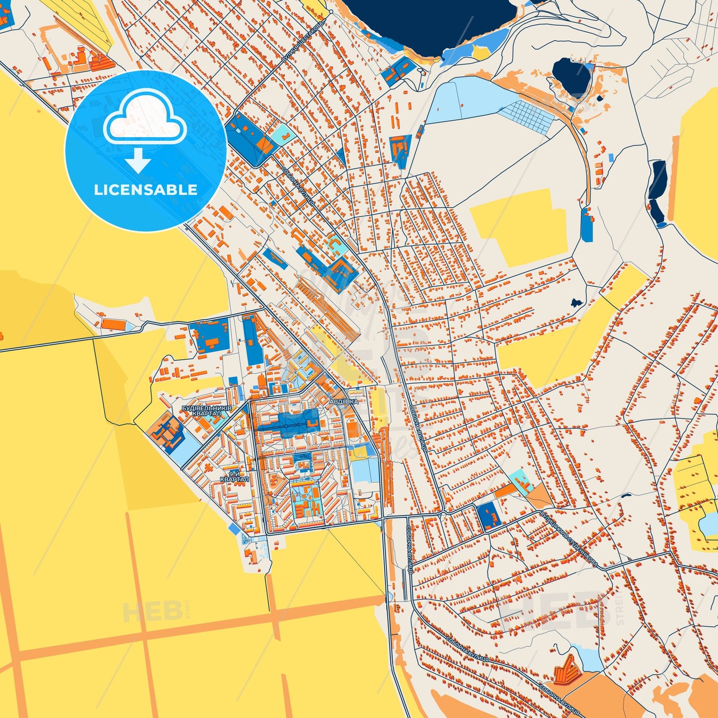 Colorful Avdiivka Street Map with Labels and Buildings