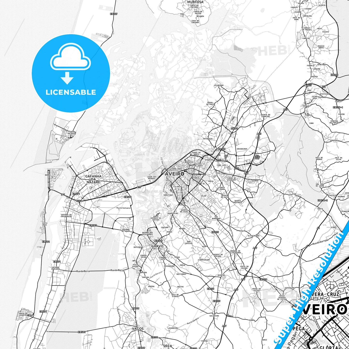Aveiro, Portugal light map with streetnames, citynames and districts
