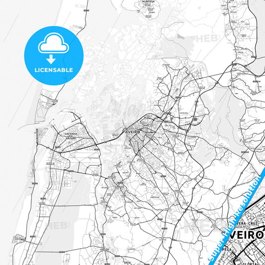 Aveiro, Portugal light map with streetnames, citynames and districts