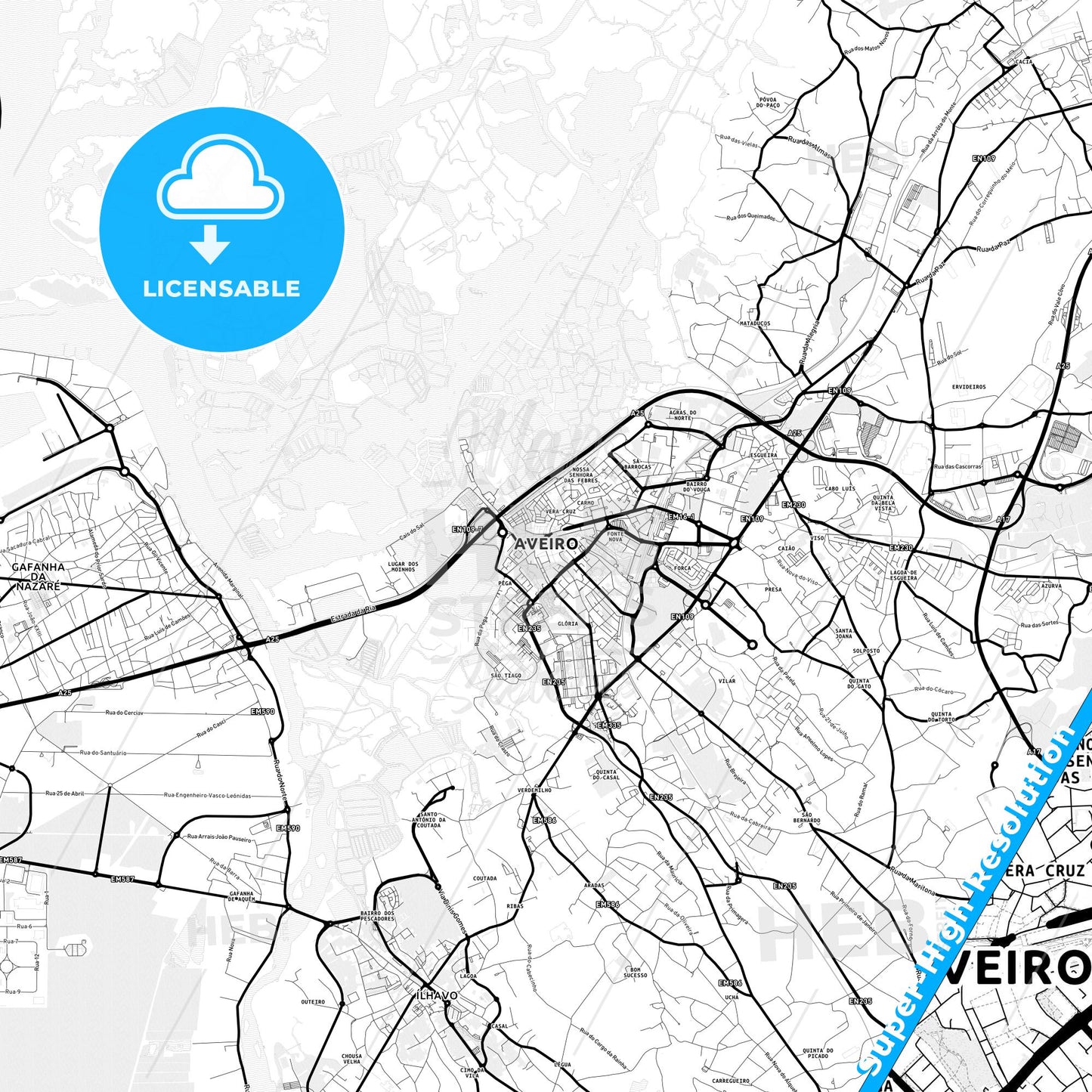 Aveiro, Portugal Light Map with Street Names, City Names, and Districts