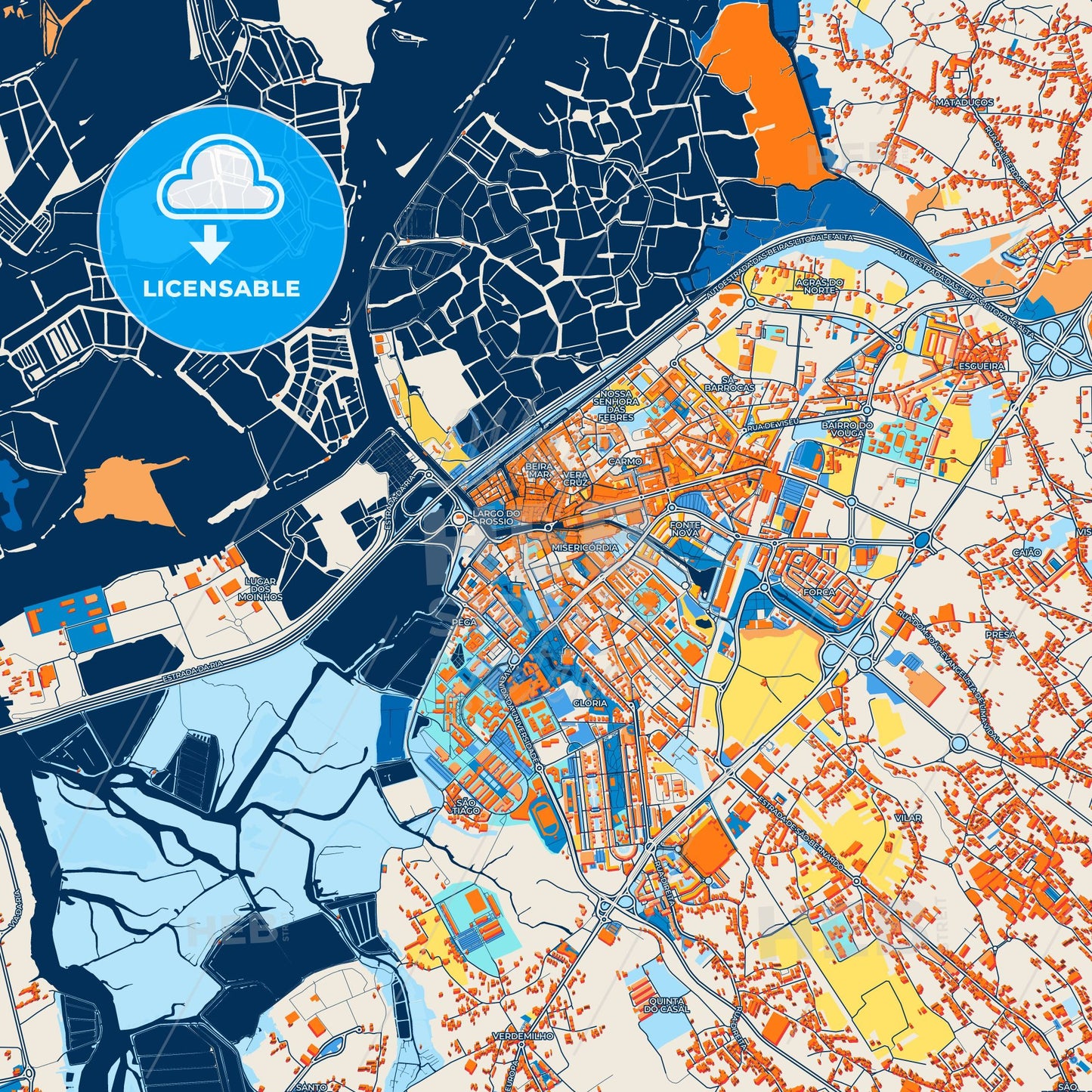 Colorful Aveiro Street Map with Labels and Buildings