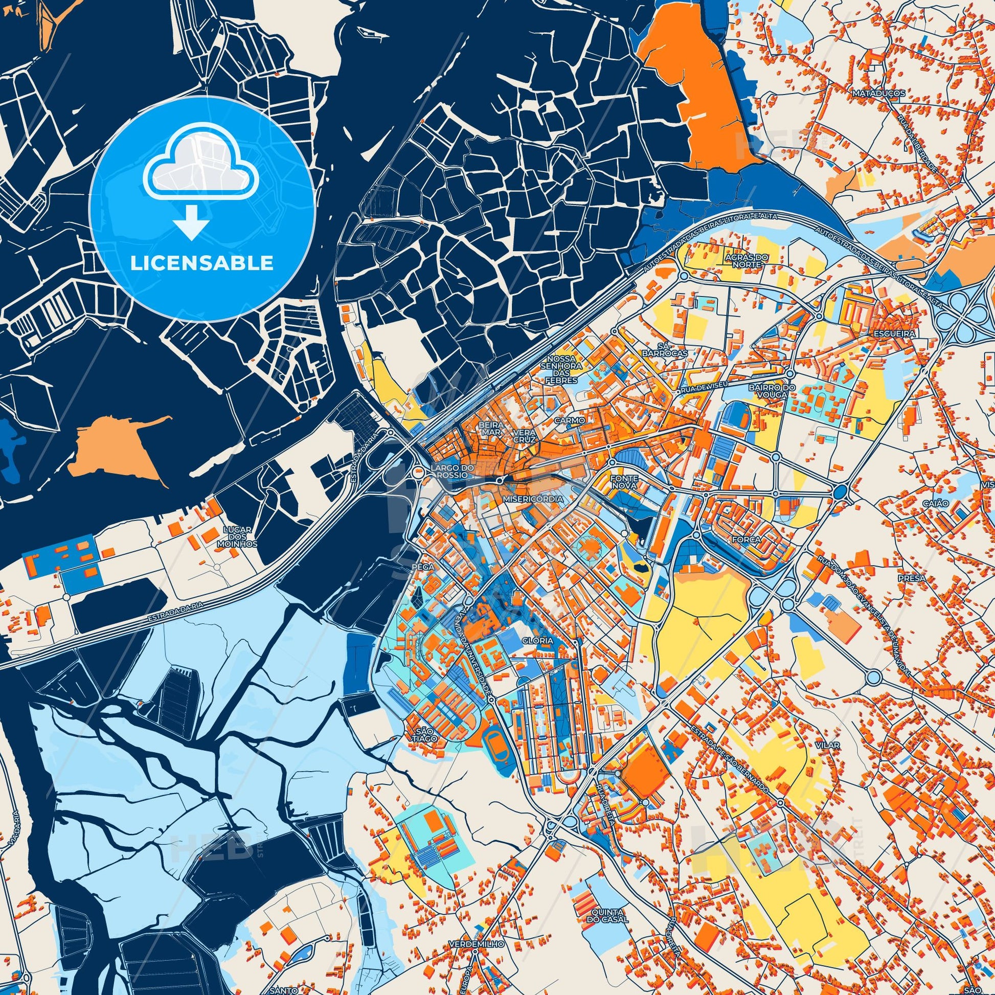 Colorful Aveiro Street Map with Labels and Buildings