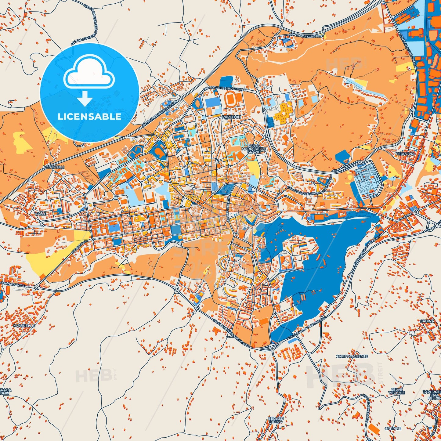 Colorful Avellino Street Map with Labels and Buildings