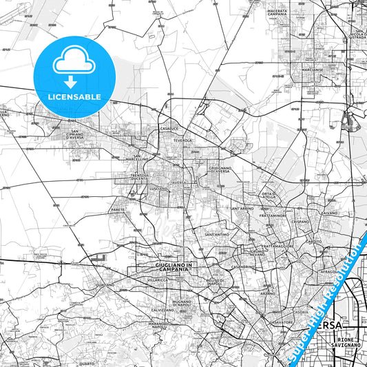 Aversa, Italy light map with streetnames, citynames and districts