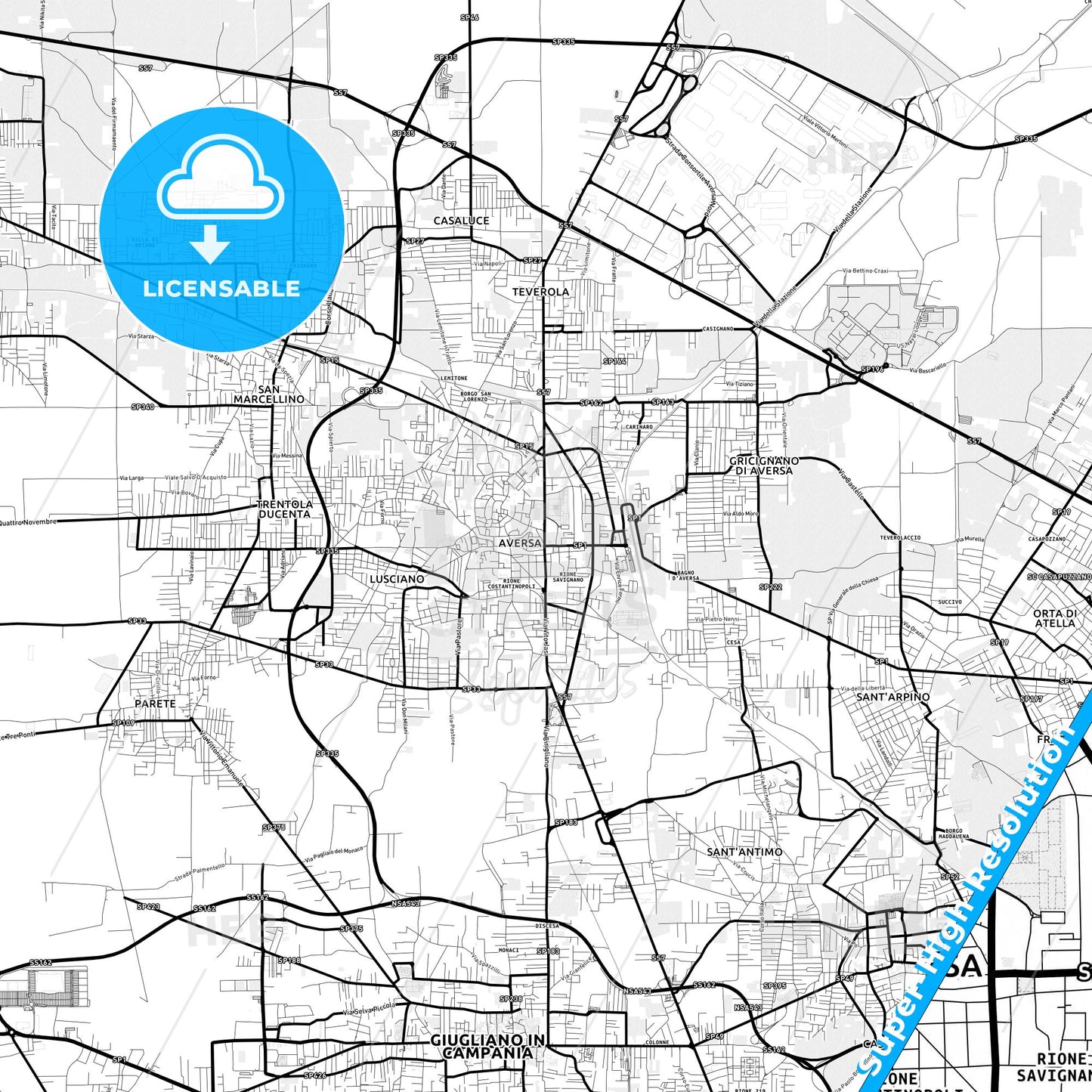 Aversa, Italy Light Map with Street Names, City Names, and Districts