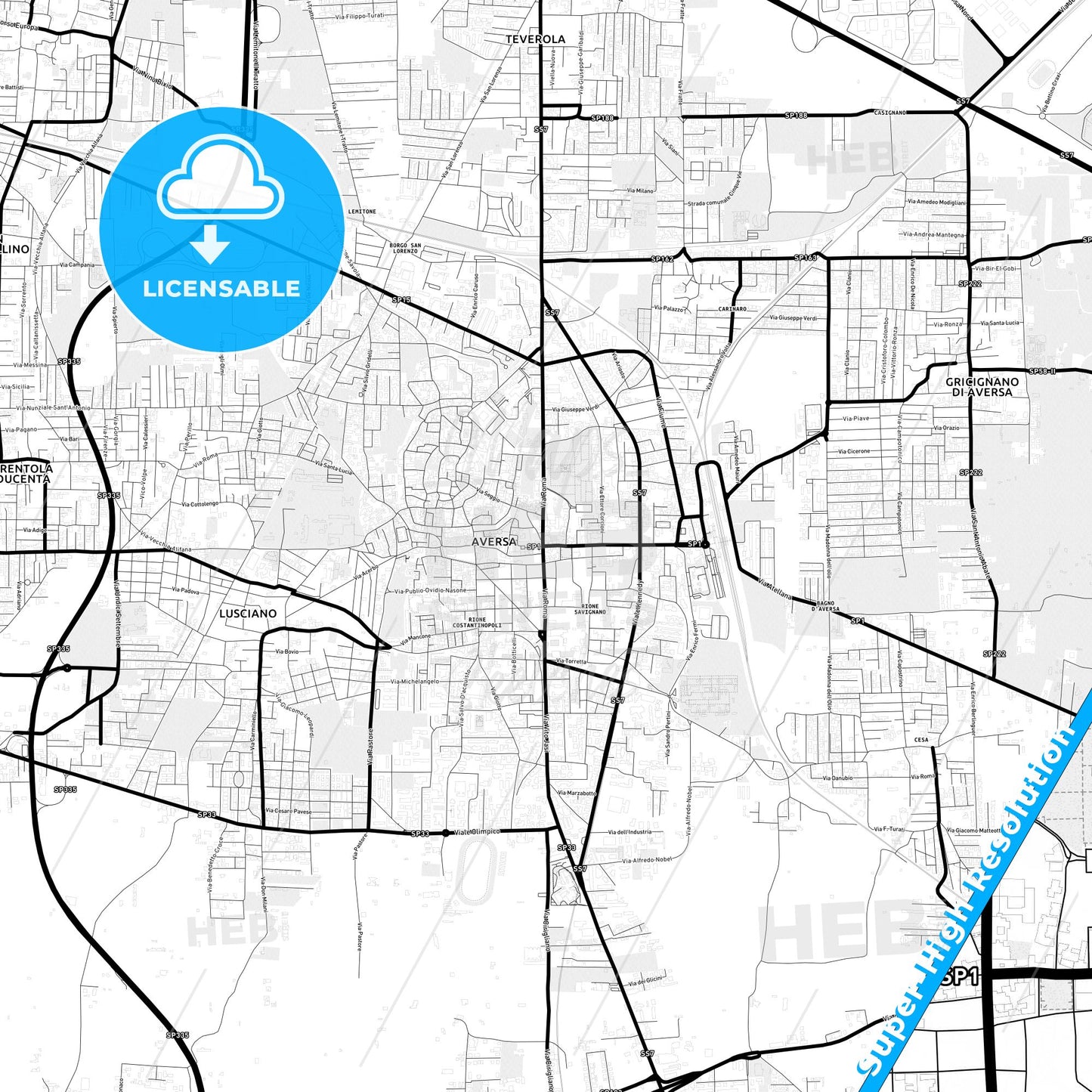 Aversa, Italy Light Map with Street Names, City Names, and Districts