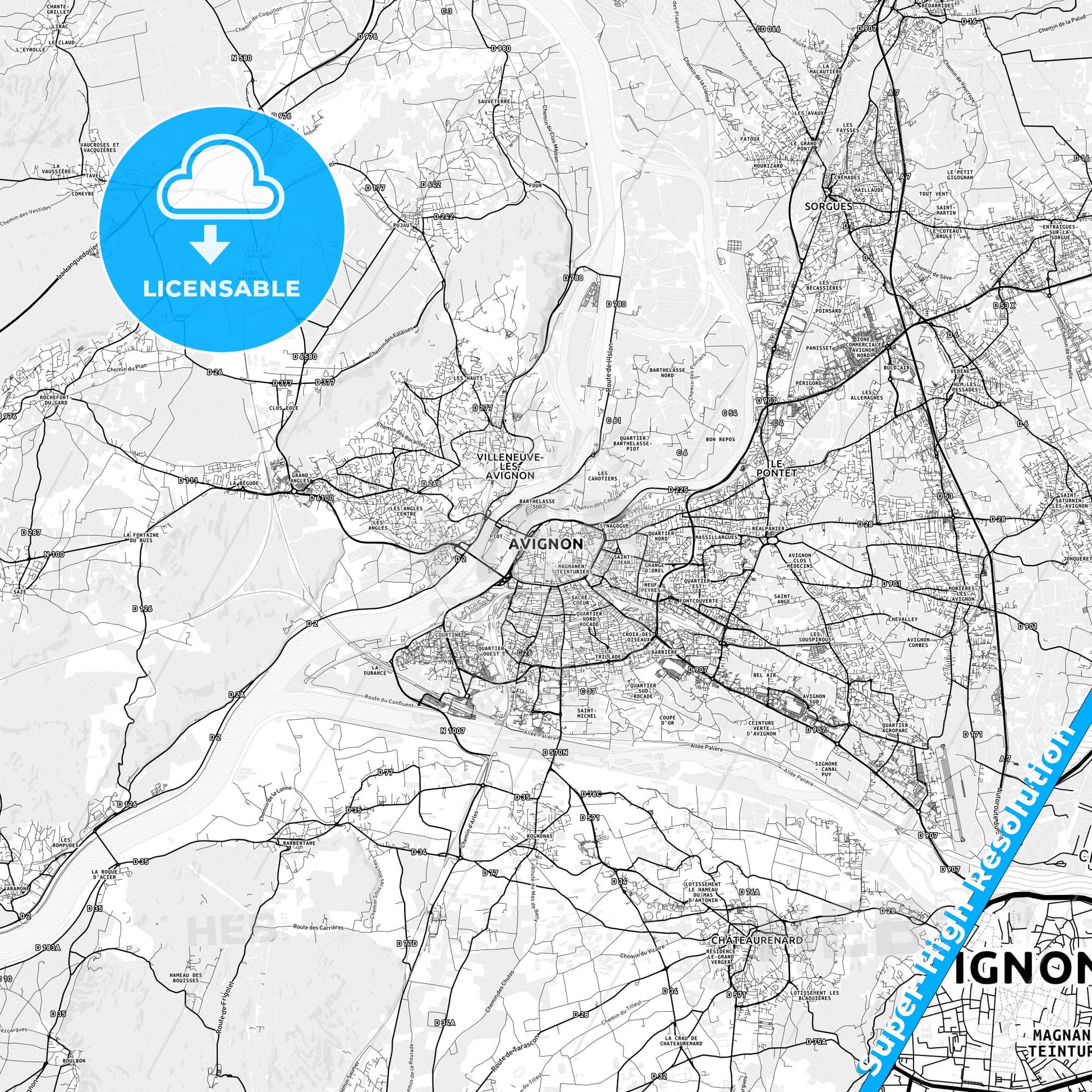 Avignon, France light map with streetnames, citynames and districts