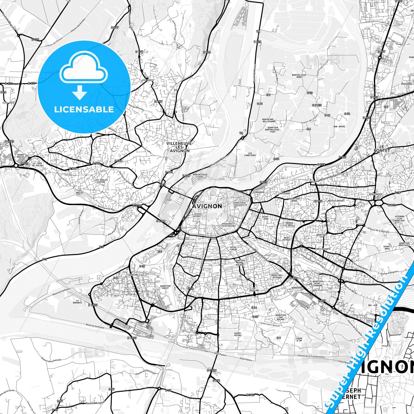 Avignon, France Light Map with Street Names, City Names, and Districts