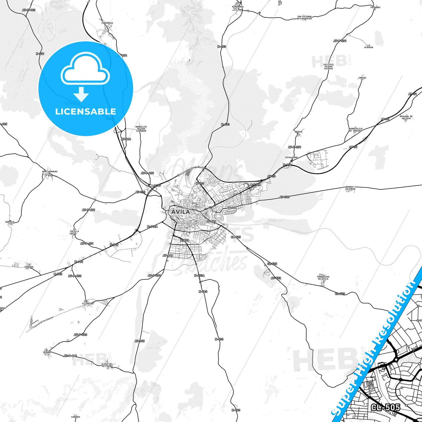 Ávila, Spain light map with streetnames, citynames and districts