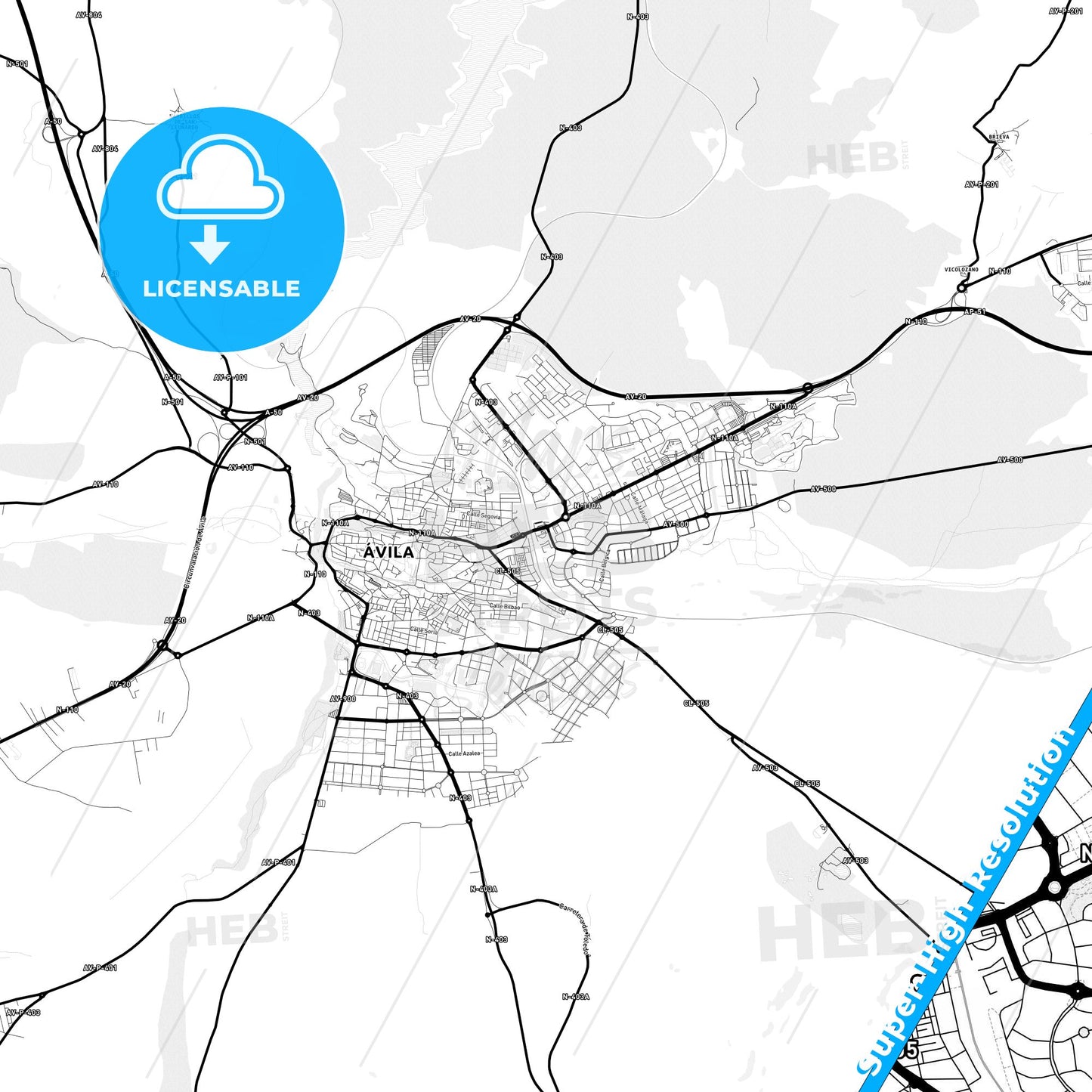 Ávila, Spain Light Map with Street Names, City Names, and Districts