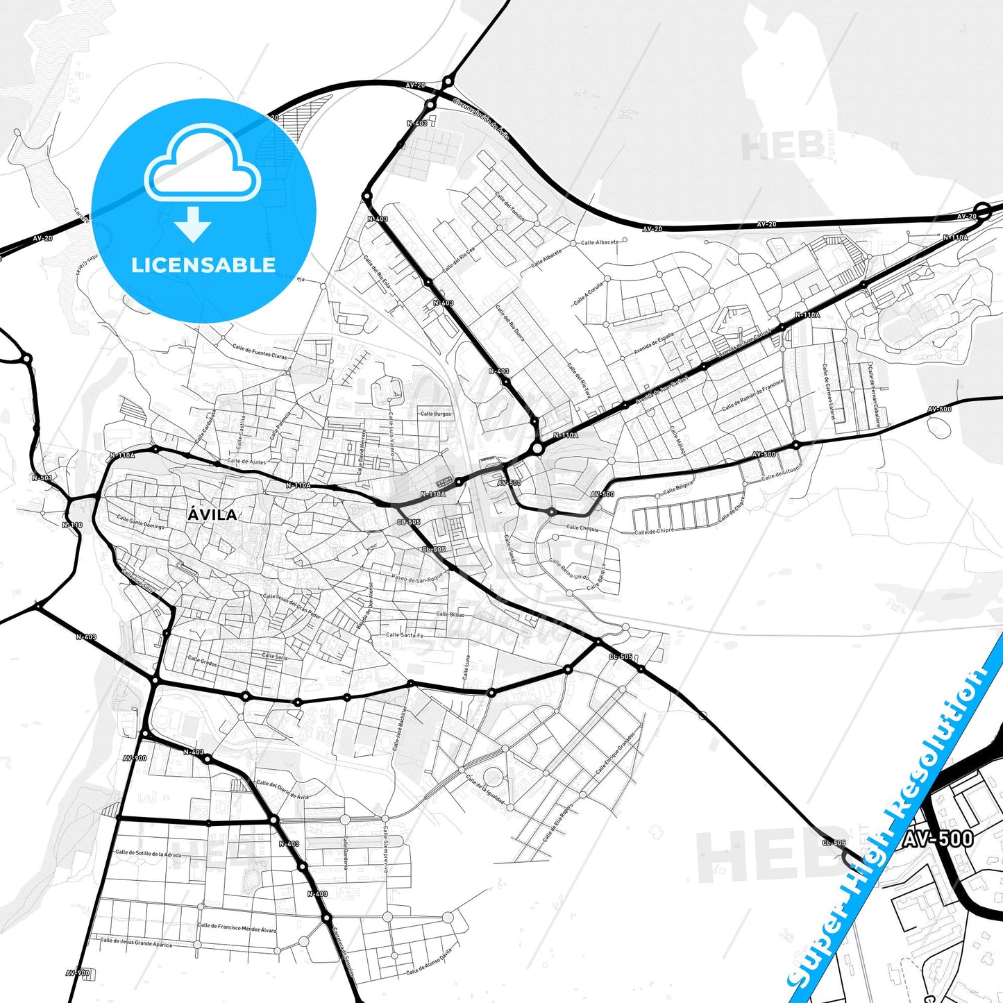 Ávila, Spain Light Map with Street Names, City Names, and Districts