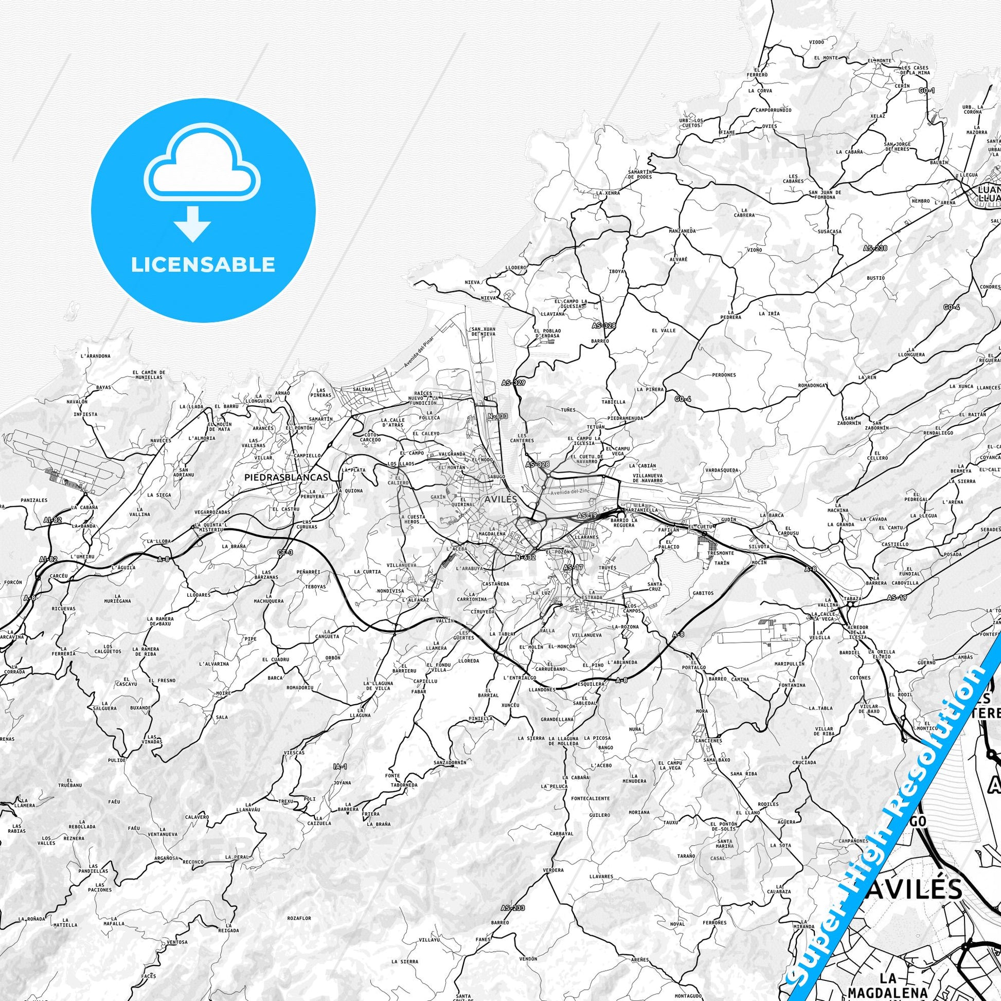 Avilés, Spain light map with streetnames, citynames and districts
